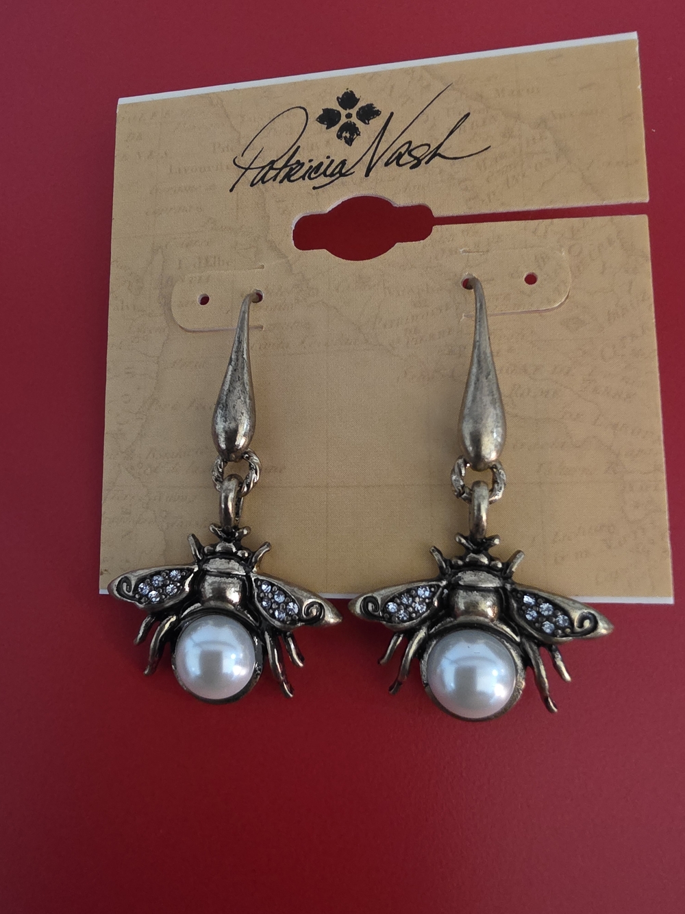 Patricia Nash Antique Gold Bee Drop Earrings with Pearl